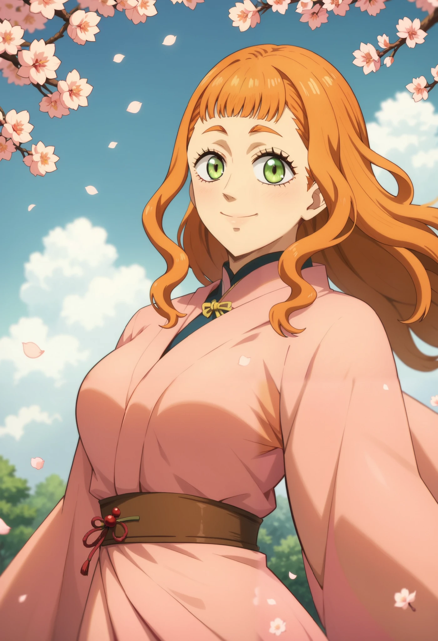 score_9, score_8_up, score_7_up, (black clover style, mimosa_vermillion), (1girl, solo), upper body, (orange hair, wave long hair), happy smile, pink kimono with flower pattern, (cherry blossom trees background, cherry blossom petals dancing in the wind)