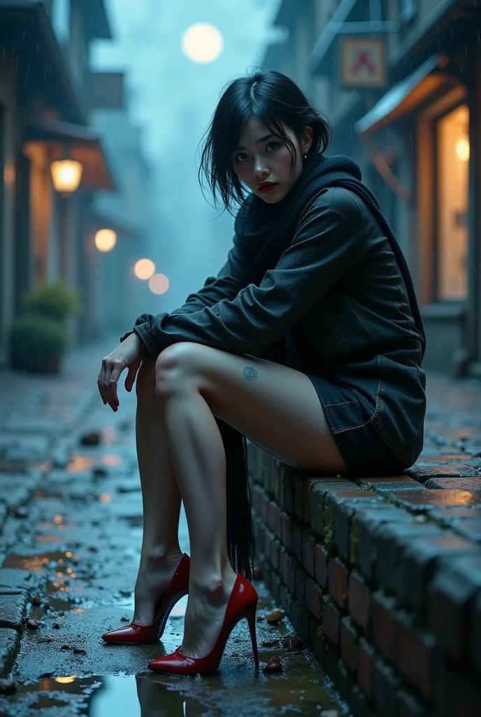 A photorealistic girl with a mesmerizing gaze, sitting with folded arms on a weathered old brick wall, battered by a torrential windstorm and heavy rain, adorned with a flowing tulle scarf, showcasing flawless legs and heels, dressed in a long-sleeved shirt and an uplifted mini skirt, with short, raven-black hair, set against a dark city sidewalk, with dimmed lights, mist, and dripping water, under the ominous glow of a full dark moon, her eyes locked intensely on the viewer.earing glass sunglasses with stars and the moon on the glass