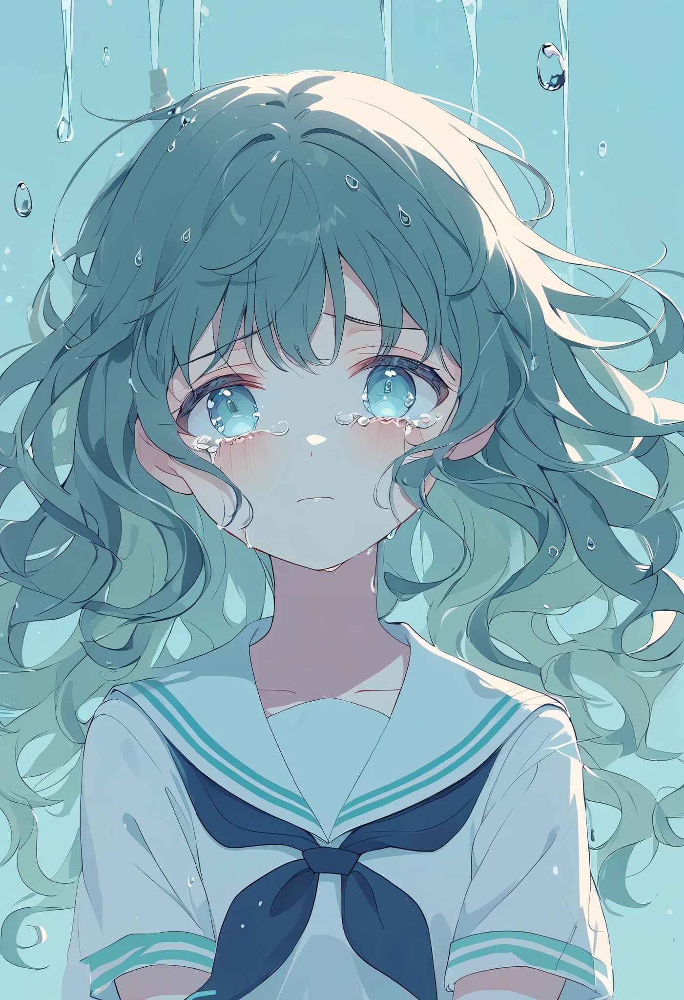 A melancholic anime illustration featuring a crying girl with short, pastel,
theme color green, wavy hair and a dark blue ribbon tied on the side. Her teary blue eyes are expressive, capturing deep sadness. She is wearing a sailor-style school uniform, surrounded by a tranquil blue backdrop with falling water droplets resembling tears. The soft color palette and minimalistic design enhance the emotional and somber tone of the artwork.