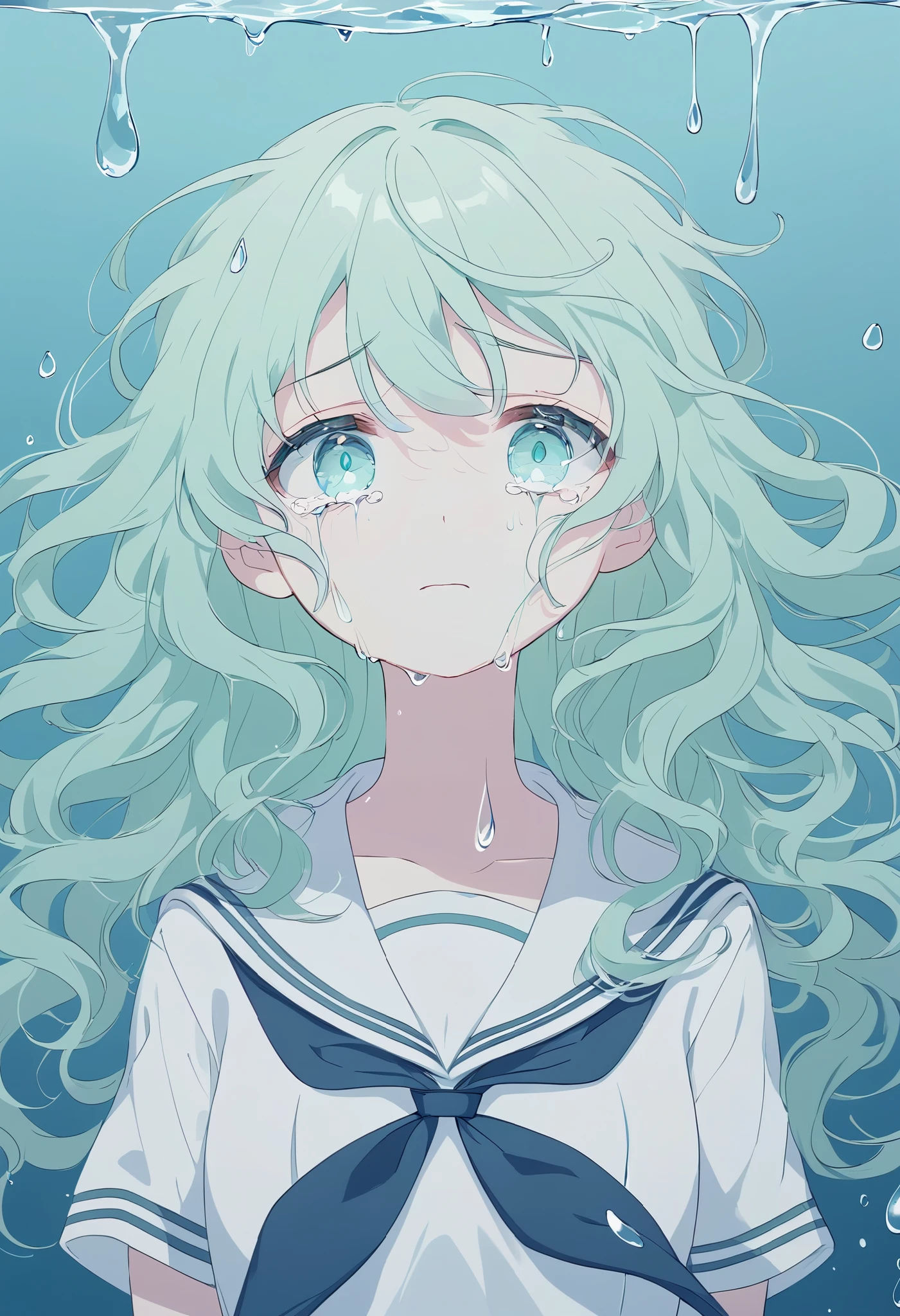 A melancholic anime illustration featuring a crying girl with short, pastel,
theme color green, wavy hair and a dark blue ribbon tied on the side. Her teary blue eyes are expressive, capturing deep sadness. She is wearing a sailor-style school uniform, surrounded by a tranquil blue backdrop with falling water droplets resembling tears. The soft color palette and minimalistic design enhance the emotional and somber tone of the artwork.