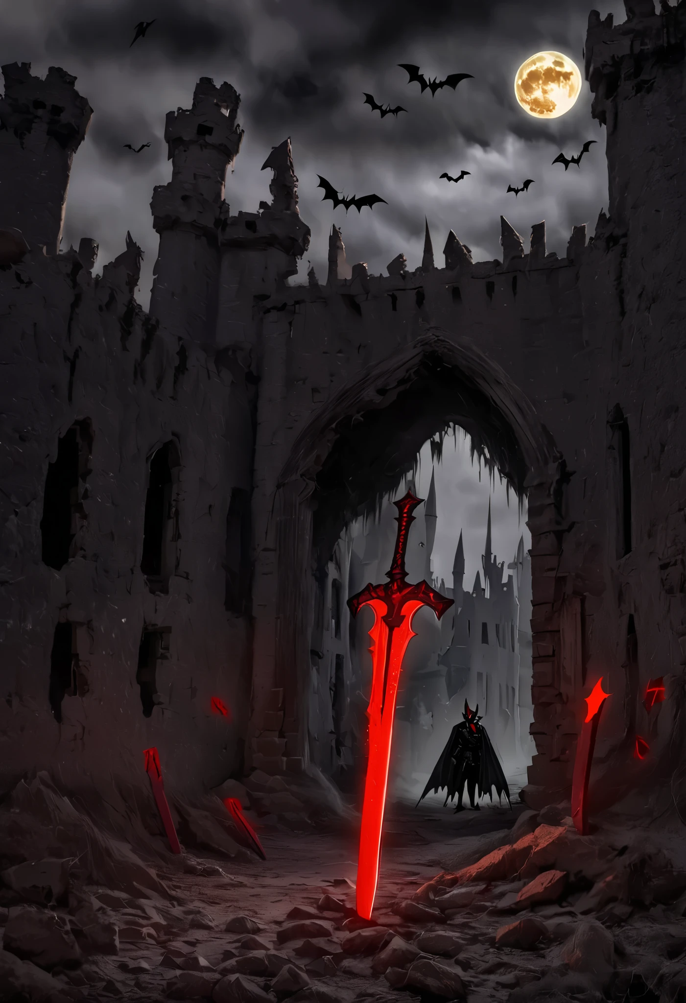 abandoned castle ruins, crumbling walls, glowing full moon in the background, dark gothic,1knight in black armor, holding a glowing crimson sword, ominous atmosphere, dark cloudy sky, faintly glowing red runes on the ground, bats flying in the distance, eerie and mysterious mood, hauntingly beautiful composition,