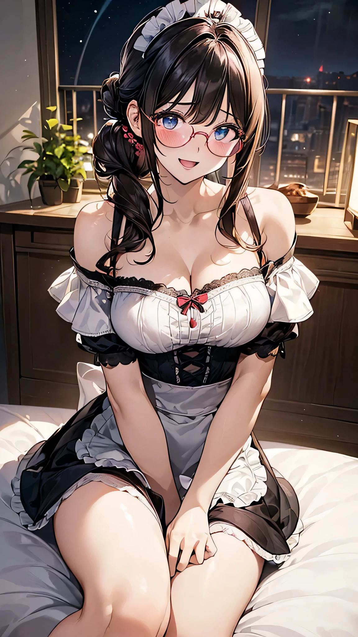Sexy,full,Glamorous,Married Woman,Shy,side braid,lipstick,Face red,Huge Breasts,cleavage,Bed,Sweat,Black lace,Black lace,stockings,Black Hair,hands behind body