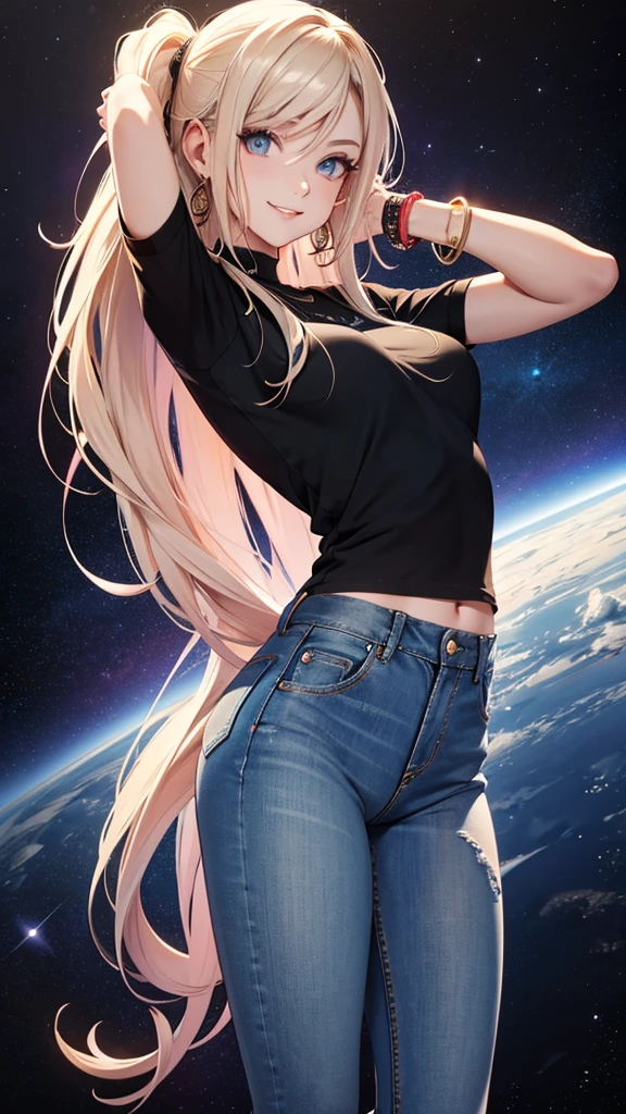  women dressed in jeans and trendy top ,  smiling,  Long straight hair , very well detailed eyes, fashion bracelets ,  with an athletic body, very sensual and provocative posing on a space background 