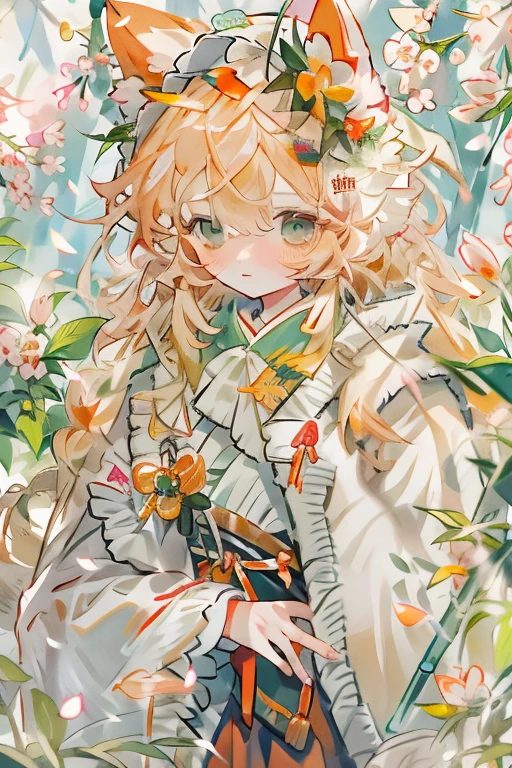 Rain of Petals, a girl with fox-like features, Rain of Petals ,colorful petal ,Western style,young,  This scene is drawn very delicately  , 1 girl has ,Alone, soft lighting,  ,   cream colored hair with horns,Ears are growing,cream-colored tail,Green Eyes,Show your upper body, long sleeve dress, headdress,Luxurious frills,Depiction of a perfect hand