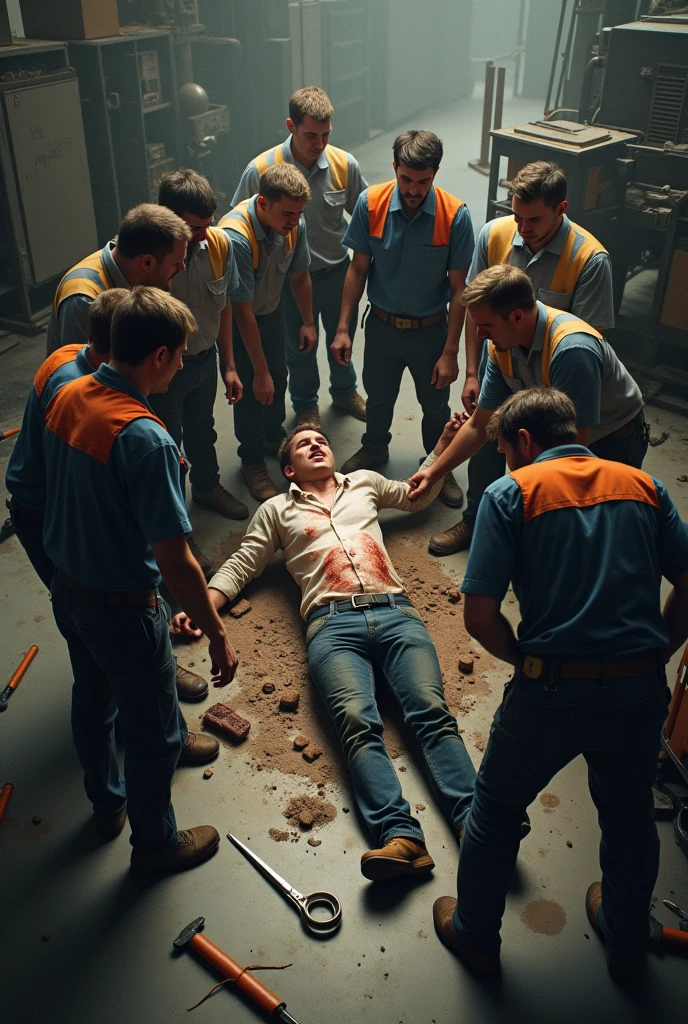 Coworkers rushing towards a young man who suffered a serious industrial accident