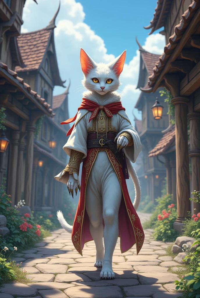 Anthro, white fluffy cat, full body, male, adult, hand paws, long fluffy tail, fluffy chest, light robe, long dancing skitt, flip flop, fancy dancer clothing, crop top, ornate clothing, blue circular eyewear, abdomen on display, serious look, warm happy expression, hairy body, 8K, dynamic lighting, ultra detailed, masterpiece, street of a medieval town, stormy weather outside