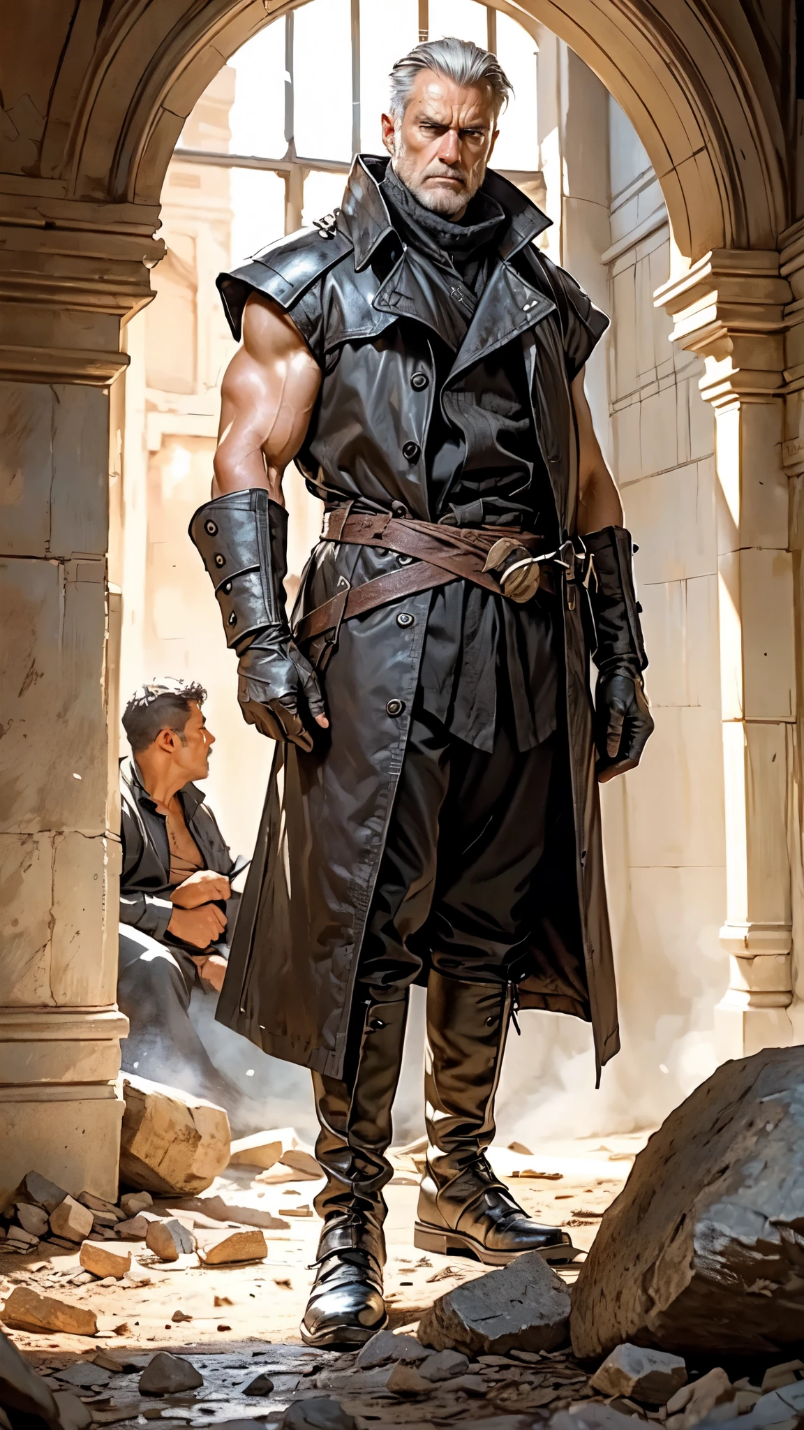 21:12:26 A handsome Galician boy with red eyes, short hair, full body view with a black shirt, medieval clothes and leather boots, sword, blonde hair, yellow hair, open tank top, chest sample