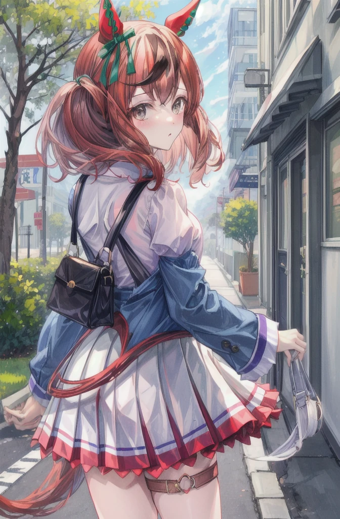 masterpiece, best quality, nice nature \(umamusume\), holding disposal cup, street, looking back, casual, ear covers, long sleeves, wide sleeves, white shirt, red shirt stuck in skirt, denim skirt, long skirt,handbag, shoulder bag, 