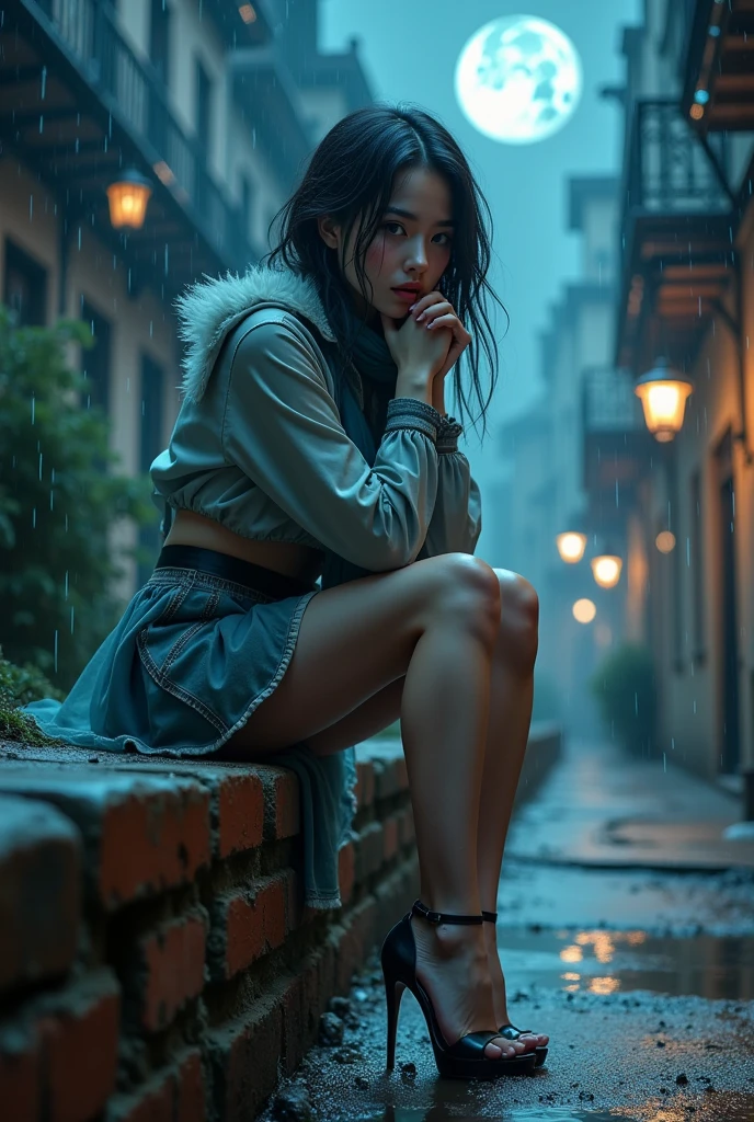 A photorealistic girl with a mesmerizing gaze, sitting on a weathered old brick wall, with folded arms on the chin, battered by a torrential windstorm and heavy rain, adorned with a flowing tulle scarf, showcasing flawless legs and heels, dressed in a long-sleeved shirt and an uplifted mini skirt, with short, raven-black hair, set against a dark city sidewalk, with dimmed lights, mist, and dripping water, under the ominous glow of a full dark moon, her eyes locked intensely on the viewer. earing glass sunglasses with stars and the moon on the glass