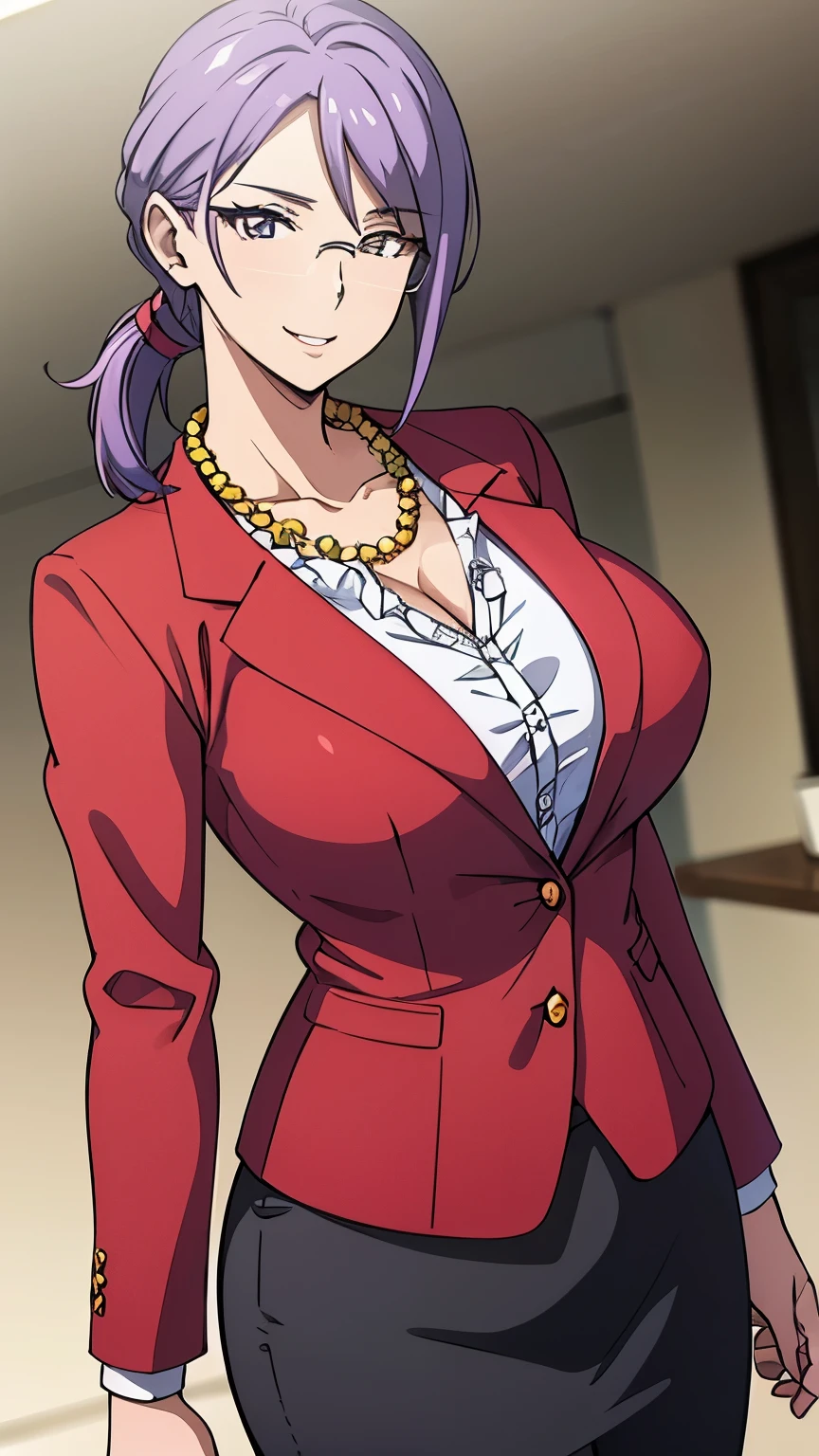 (masterpiece, best quality, high resolution, 8K:1.2), anime coloring, mature woman, 30 years old, (mature face:1.6), light purple hair, low ponytail, big medium breasts, calm and collected, happy expression and laughing, soft look, Very detailed, very detailed, perfect face, beautiful eyes, perfect eyes, detailed eyes, perfect hands, beautiful legs, feature large highlight, detailed face, ultra-detailed, detailed eyes, symmetrical eyes, glare, (business suit, red suit), pencil skirt, black skirt, white shirt, shirt frills, gold pearl necklace, rimless eyewear, glasses), (cowboy shot:1.4), dutch angle, looking at viewer,