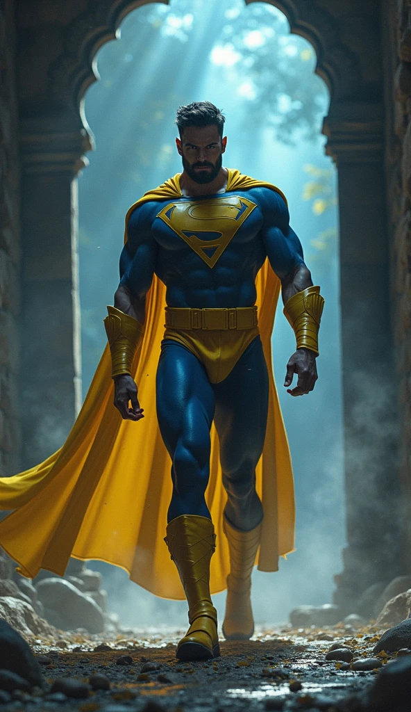 a male superhero wearing red visor, muscular build, blue and yellow costume, in heroic pose, highly detailed face and body, cinematic lighting, dramatic action scene, epic sci-fi landscape, digital art, concept art style, vibrant colors, (best quality,4k,8k,highres,masterpiece:1.2),ultra-detailed,(realistic,photorealistic,photo-realistic:1.37)