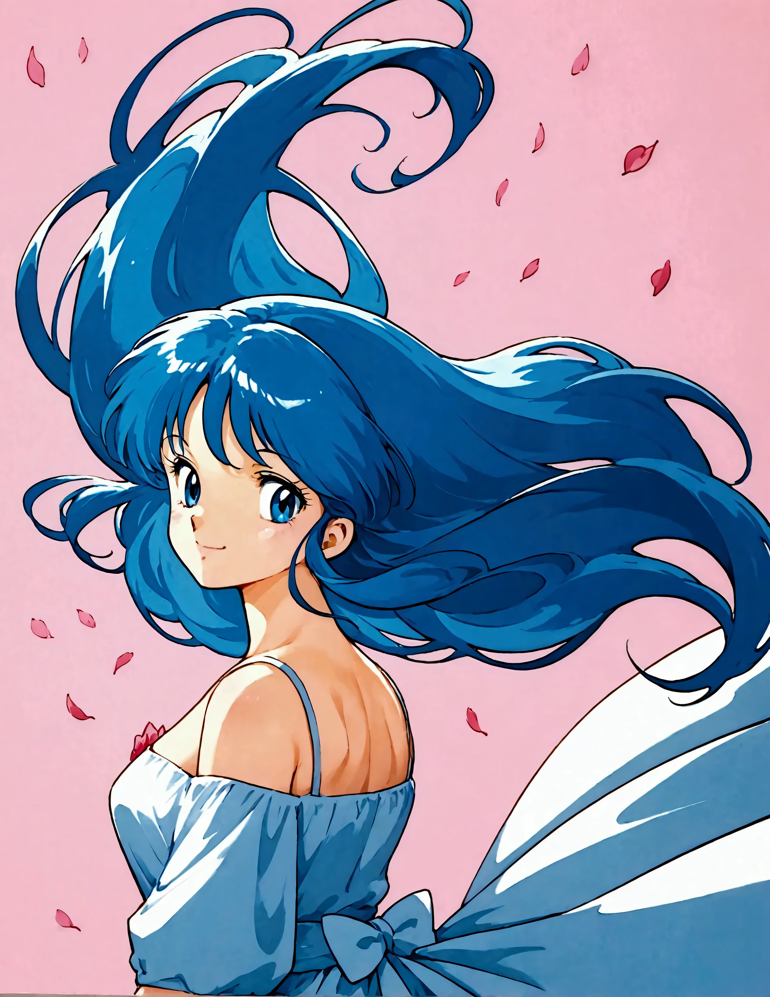  score_9,  score_8_up,  score_7_up, (masterpiece), ( best quality), ( super detailed), (Illustration),(1 female:1.6), Japanese,beautiful瞳, blue hair , casual outfit ,beautifulグラデーション,(Woman smiling),(The background is a myriad of pink petals dancing in the air),( back view),( women turn around here:1.2),( wind blows hair ),( depth of writing),(dynamic),(顔のup),(beautiful顔),(beautiful瞳),( Anime Artwork :1.2),( Flat Color ),80s anime style, dynamic angle , beautiful, pastel colors 