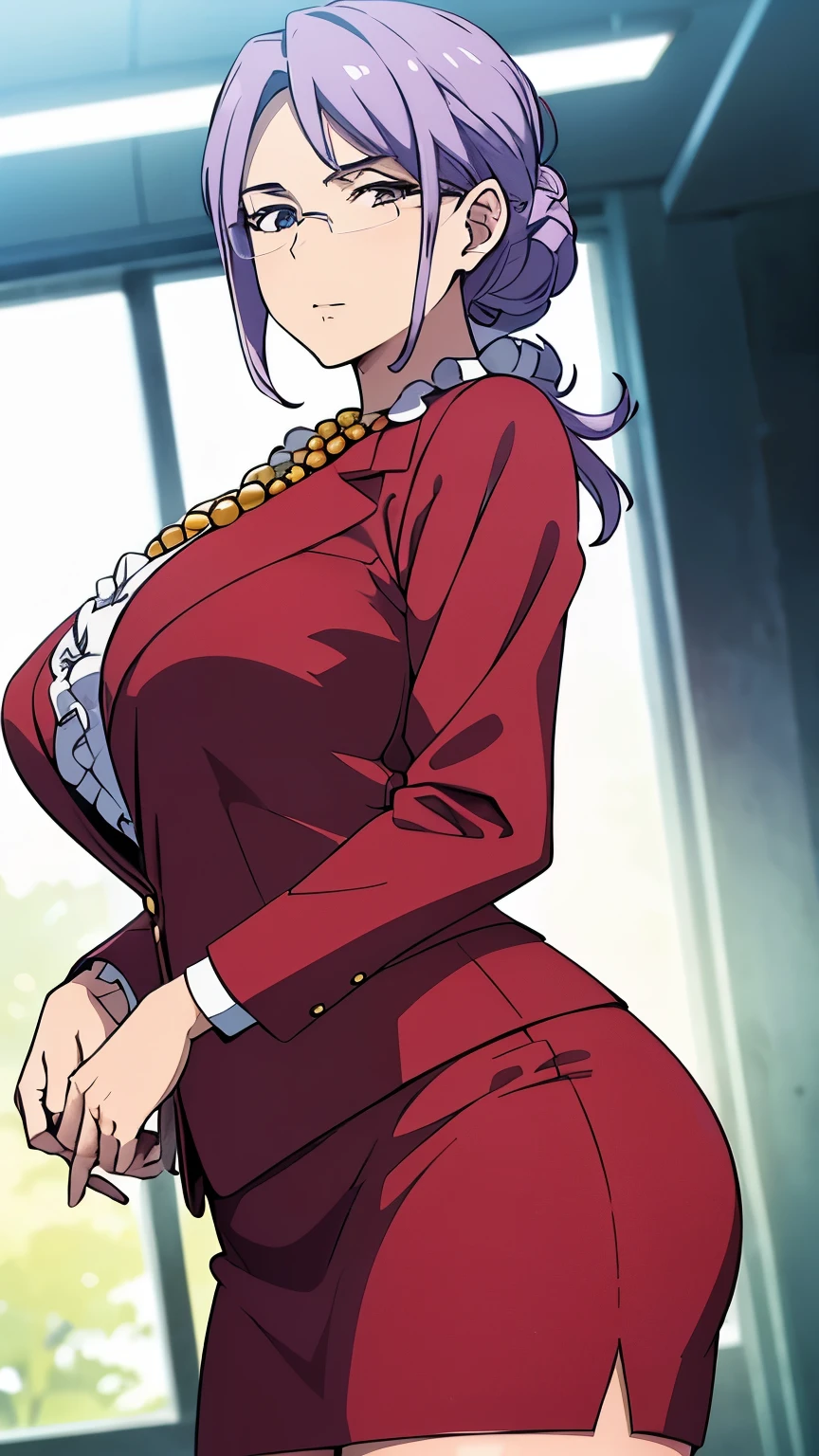 (masterpiece, best quality, high resolution, 8K:1.2), anime coloring, mature woman, 30 years old, (mature face:1.6), light purple hair, low bun, big medium breasts, calm and collected, soft look, Very detailed, very detailed, perfect face, beautiful eyes, perfect eyes, detailed eyes, perfect hands, beautiful legs, feature large highlight, detailed face, ultra-detailed, detailed eyes, symmetrical eyes, glare, ((business suit, red suit), pencil skirt, black skirt, white shirt, shirt frills, gold pearl necklace, rimless eyewear, glasses), (cowboy shot:1.4), dutch angle, looking at viewer,