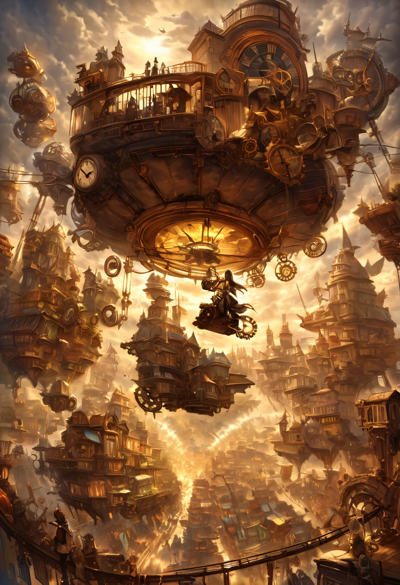 floating city, massive gears and clockwork mechanisms, steam-powered airships flying through the sky, 1woman with goggles and a leather jacket, holding a mechanical device, golden sunlight filtering through the clouds, bustling market on suspended platforms, intricate steampunk details, adventurous and inventive atmosphere, grand and dynamic setting,