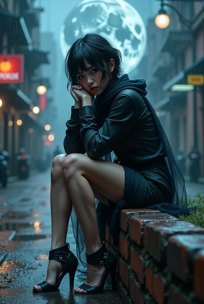 A photorealistic girl with a mesmerizing gaze, sitting on a weathered old brick wall, with folded arms on the chin, battered by a torrential windstorm and heavy rain, adorned with a flowing tulle scarf, showcasing flawless legs and heels, dressed in a long-sleeved shirt and an uplifted mini skirt, with short, raven-black hair, set against a dark city sidewalk, with dimmed lights, mist, and dripping water, under the ominous glow of a full dark moon, her eyes locked intensely on the sky. earing glass sunglasses with stars and the moon on the glass