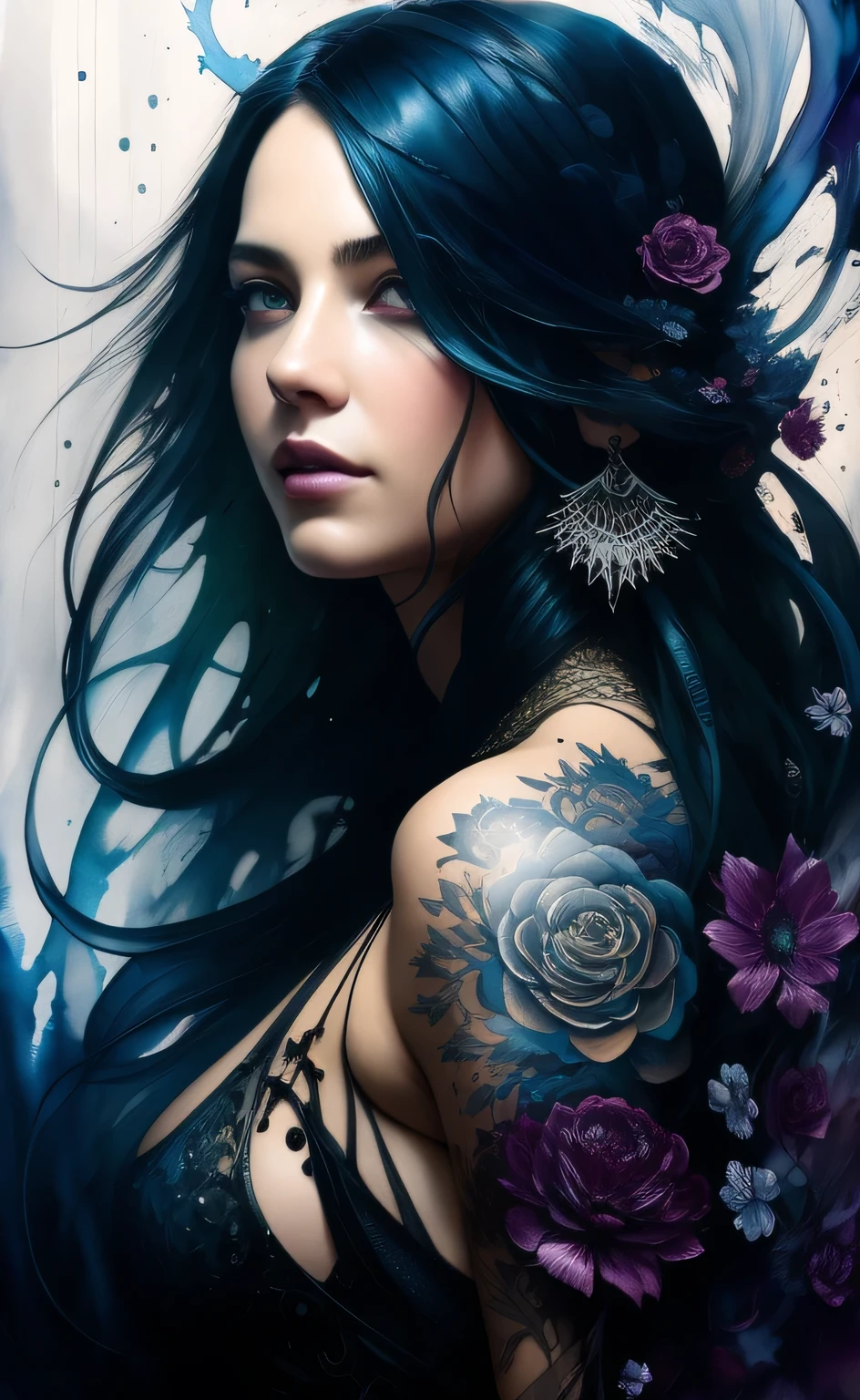 Colorful beautiful woman: Black ink flow: 8k resolution photorealistic masterpiece: by Aaron Horkey and Jeremy Mann: intricately detailed fluid gouache painting: by Jean Baptiste Mongue: calligraphy: acrylic: watercolor art, professional photography, natural lighting, volumetric lighting maximalist photoillustration: by marton bobzert: 8k resolution concept art intricately detailed, complex, elegant, expansive, fantastical