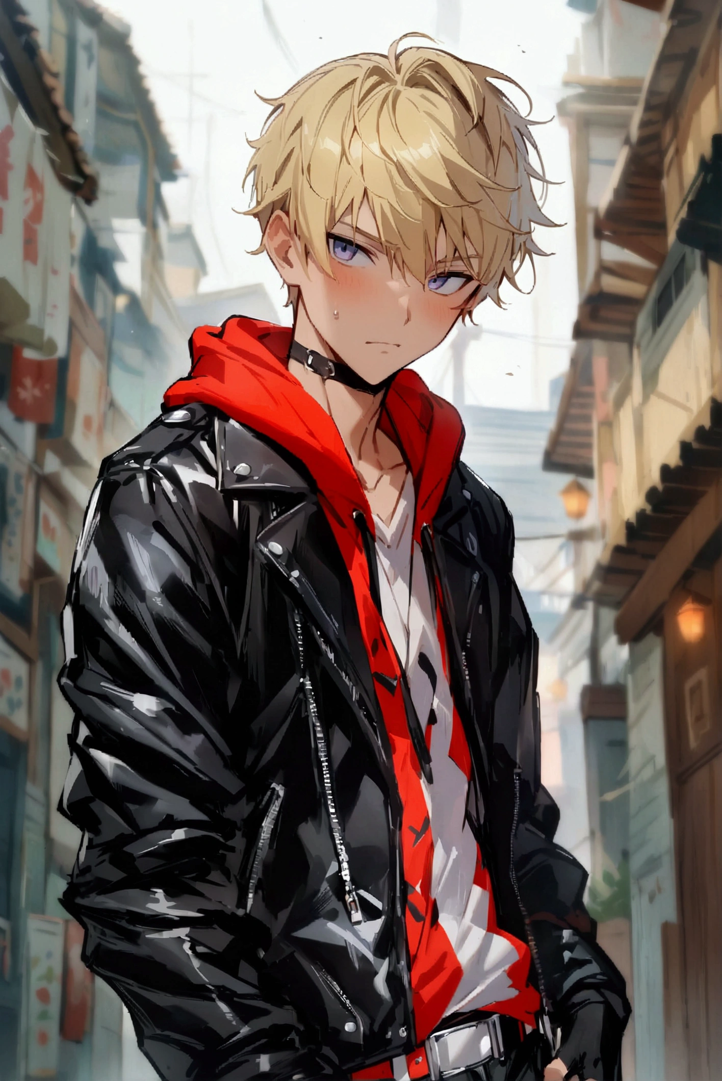 ( best quality), (masterpiece), ( high definition ),  1 young man, Anime Style Youth ,Blonde,short leather jacket ,Red Sleeves , black inner , Black Skinny ,White belt,Black leather shoes, Black Fingerless Gloves, abs