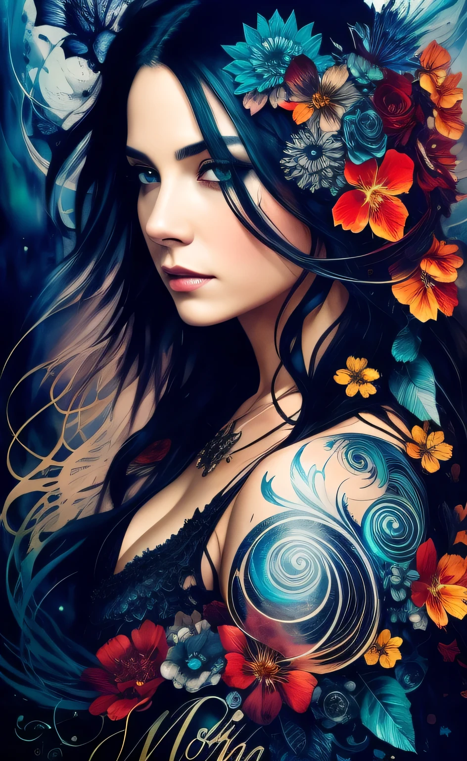 Colorful beautiful woman: Black ink flow: 8k resolution photorealistic masterpiece: by Aaron Horkey and Jeremy Mann: intricately detailed fluid gouache painting: by Jean Baptiste Mongue: calligraphy: acrylic: watercolor art, professional photography, natural lighting, volumetric lighting maximalist photoillustration: by marton bobzert: 8k resolution concept art intricately detailed, complex, elegant, expansive, fantastical