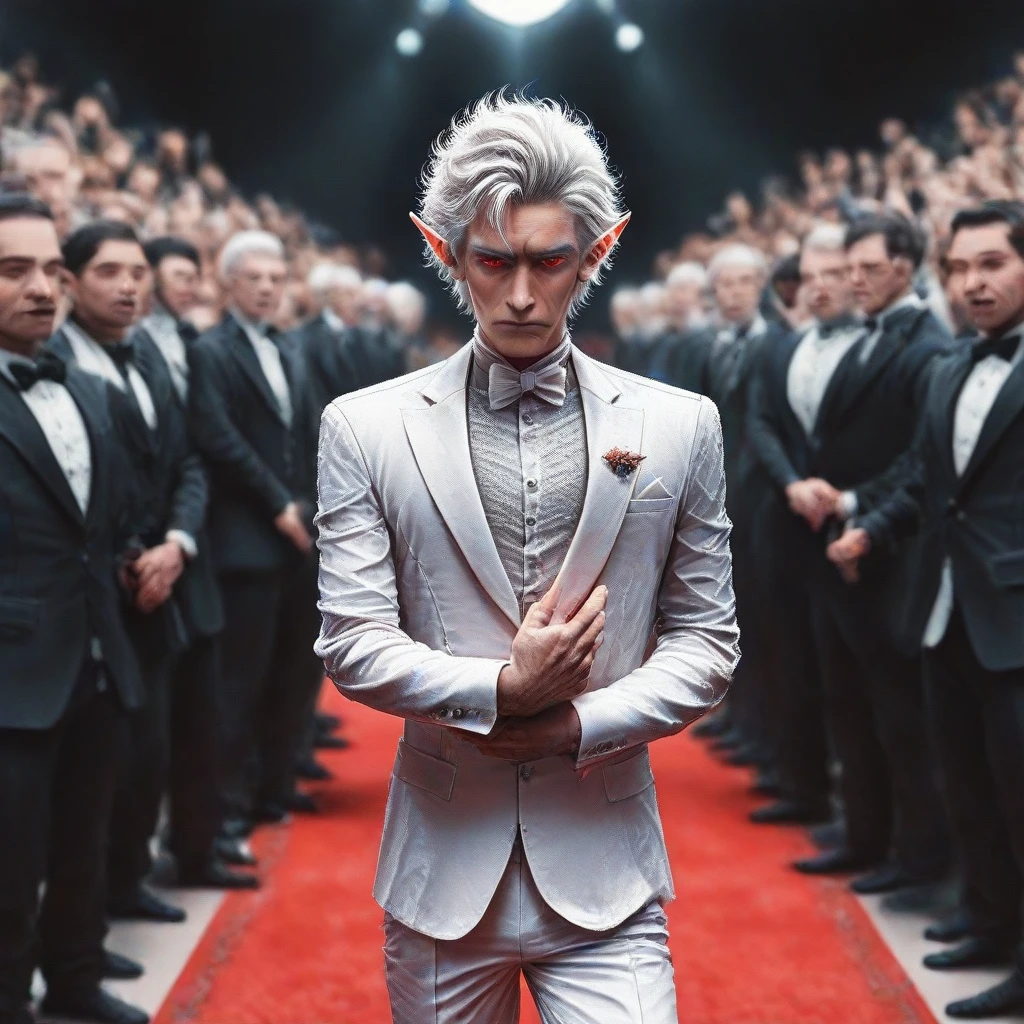 1boy, astarion, white hair, pointy ears, red eyes, mouth closed, red carpet, awards ceremony, white shirt, white pants, latex, sequins, pose, standing, blurred crowd