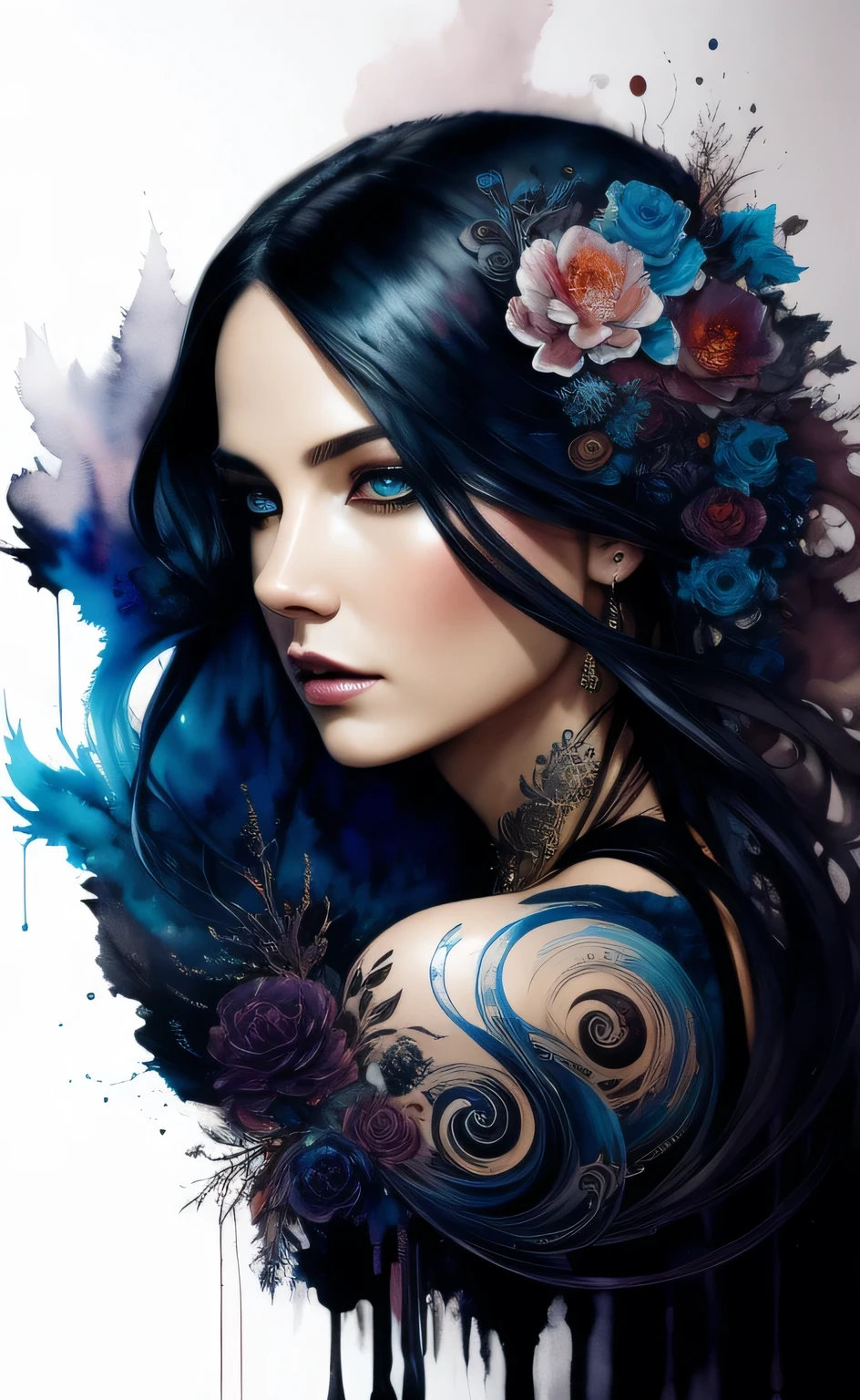 Colorful beautiful woman: Black ink flow: 8k resolution photorealistic masterpiece: by Aaron Horkey and Jeremy Mann: intricately detailed fluid gouache painting: by Jean Baptiste Mongue: calligraphy: acrylic: watercolor art, professional photography, natural lighting, volumetric lighting maximalist photoillustration: by marton bobzert: 8k resolution concept art intricately detailed, complex, elegant, expansive, fantastical