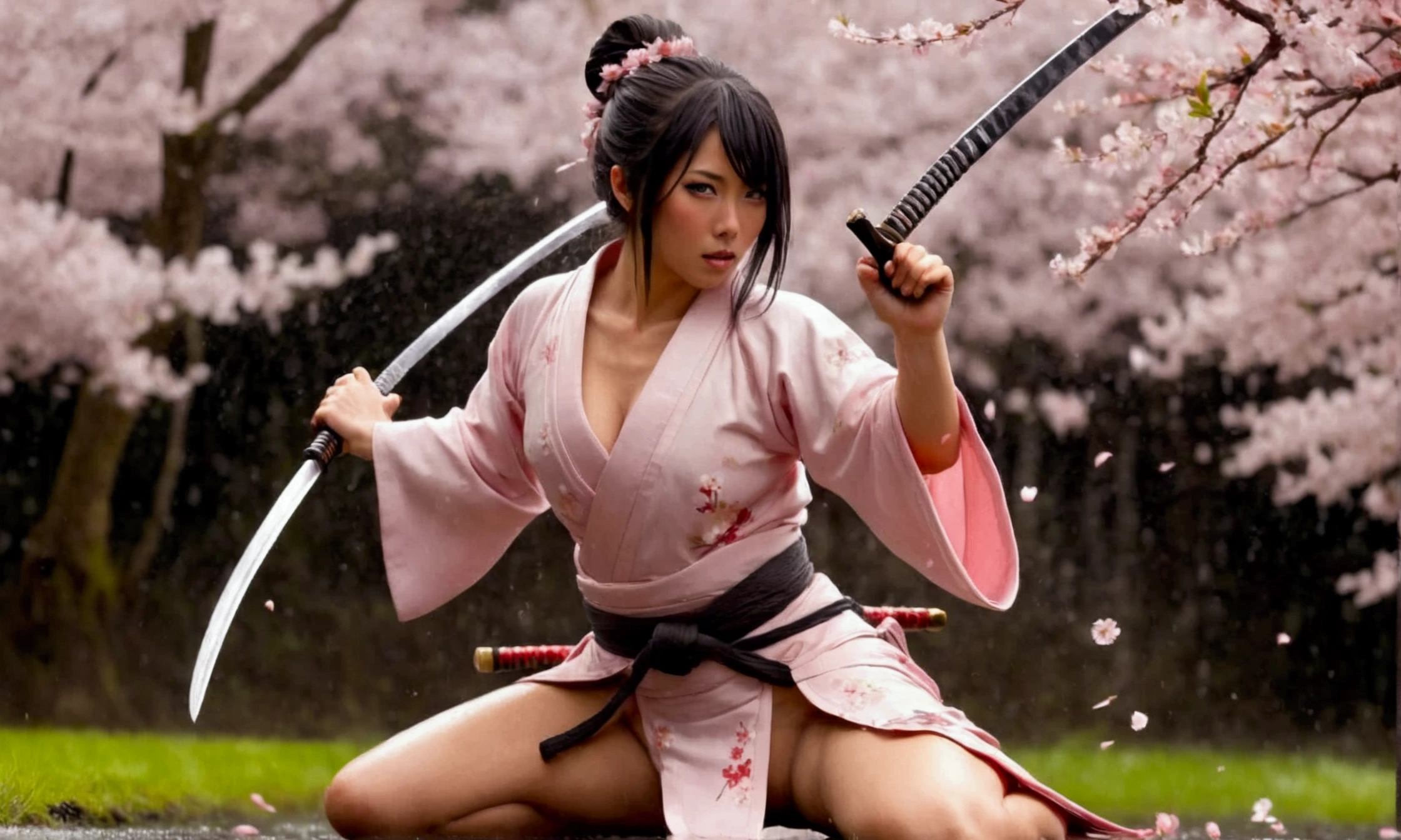 There is a woman in red and white clothes holding a sword, yoko matsugane as Mai Shiranui, fox狸和灌木 holding a naginata, she holds a katana, Mai Shiranui, fox狸和灌木, with fox mask, draw her katana, fox, a beautiful fox woman