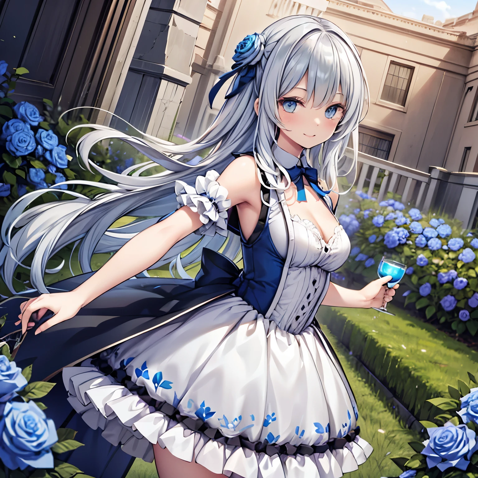 (masterpiece),( Highly Detailed CG, ultra-detailed, vest shadow :1.3),(  Perfect Anatomy  ),(beautiful and luxurious:1.2),(  Alice in Wonderland ), standing in a garden full of blue roses,( 1 girl),(Alone),(( stretch your back )),(beautiful絹のような白い髪:1.2), blue ribbon on head ,Blue and white ta fashion ,beautiful、 Highly Detailed Faces, Flat Color , Limited Palette, low contrast ,Best lighting, Is a Smiley Smile , cowboy shooting alone