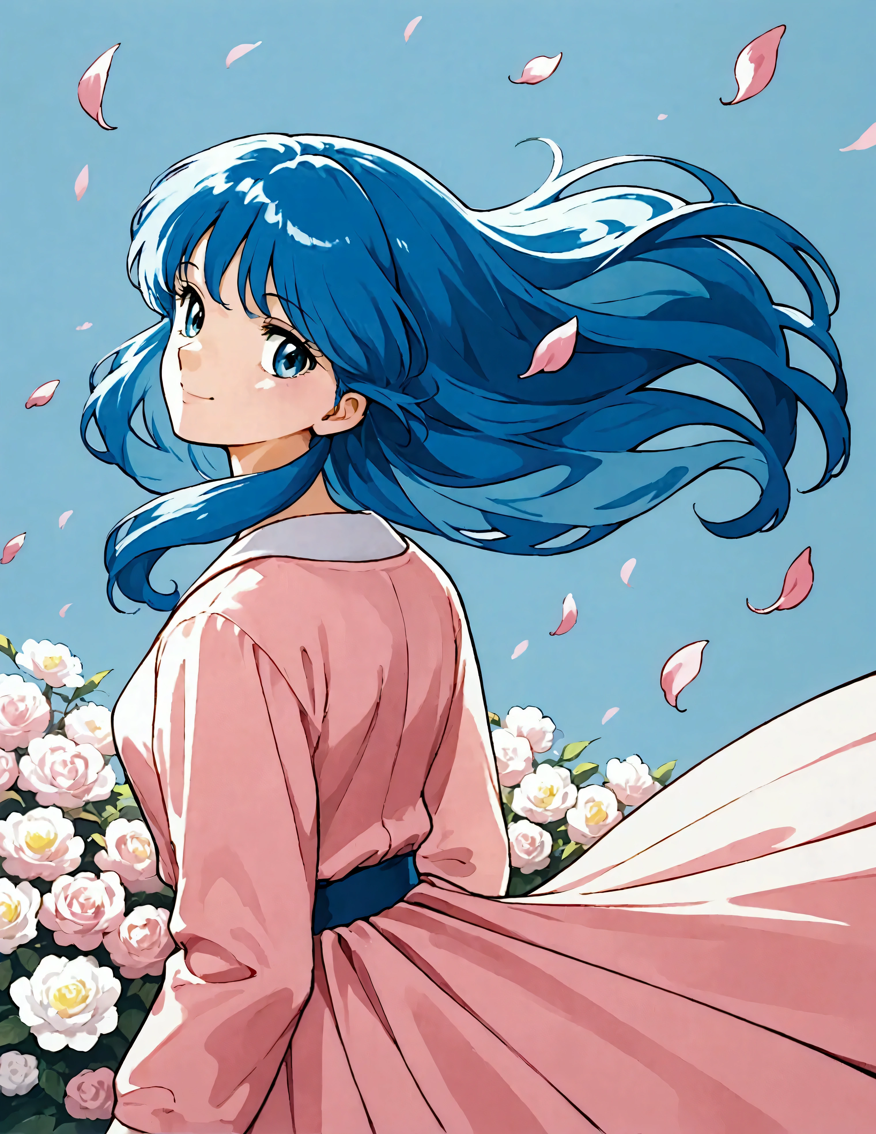  score_9,  score_8_up,  score_7_up, (masterpiece), ( best quality), ( super detailed), (Illustration),(1 female:1.6), Japanese,beautiful瞳, blue hair , casual outfit ,beautifulグラデーション,(Woman smiling),(The background is a myriad of pink petals dancing in the air),( back view),( women turn around here:1.2),( wind blows hair ),( depth of writing),(dynamic),(顔のup),(beautiful顔),(beautiful瞳),( Anime Artwork :1.2),( Flat Color ),80s anime style, dynamic angle , beautiful, pastel colors 