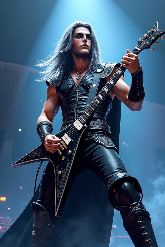 Keir Thunderhowl: The Soul of Power Metal on Stage (realistic anime art).
Keir Thunderhowl, guitarist and frontman of Moon’s Doom, commands the stage with his electrifying presence and a style that embodies the essence of epic power metal. At 28 years old, Keir is 1.88 m tall, with a muscular and athletic build that reflects his strength and endurance. His long, straight, jet-black hair with silver highlights falls freely over his shoulders while his deep blue gaze seems to pierce the distance, connecting directly with his audience.
On stage, Keir wears light black leather armor with silver detailing and Celtic engravings. His tall leather boots and Viking-embellished bracelets complete his modern warrior look. His electric guitar, customized with Celtic detailing and a black and silver finish, is his weapon of choice, and seems to vibrate with the same energy as he does.
During his performances, Keir unleashes a storm of sound with powerful riffs and melodic solos, transporting the audience to a world of mythology and legends. The light from the spotlights highlights his silver hair and creates sparkles on his guitar, while his movements match the rhythm. His connection with the rest of the band, especially with his sister Eira and bassist Eilidh Steelwind, is evident, building a show full of emotional intensity and impeccable technique.
Keir is not only a master of the guitar, but a charismatic frontman who inspires both respect and admiration. With his commanding stage presence and overflowing passion, Keir Thunderhowl turns every concert into an epic experience, taking the audience on an unforgettable journey through the power of metal.
{best quality}, {masterpiece}, {ultra-detailed}, {illustration}, {detailed light}.