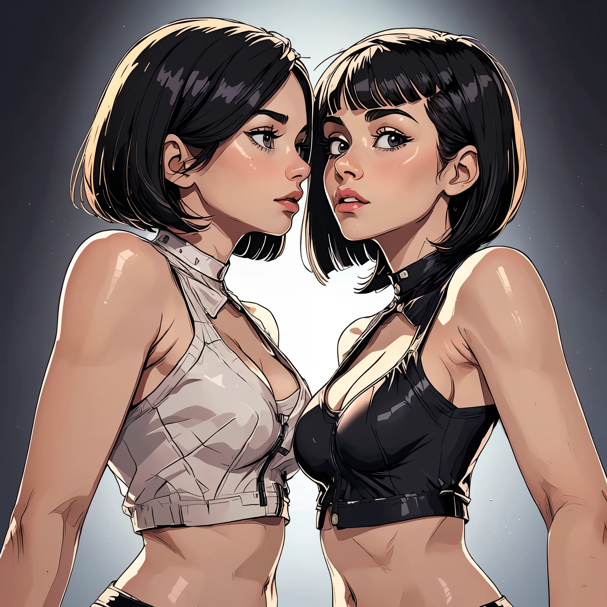 two asian twin girls kissing each other, (upper body, bust:1.4), black eyes, black hair, (bob cut:1.3), (crop top, bare shoulders, bare neck, small breasts, male chest, deep cleavage:1.4), masterpiece, highly detailed, look at viewer, shiny blured background, gradient sprayed background, front view, blured background, glowing edges of image, clear background