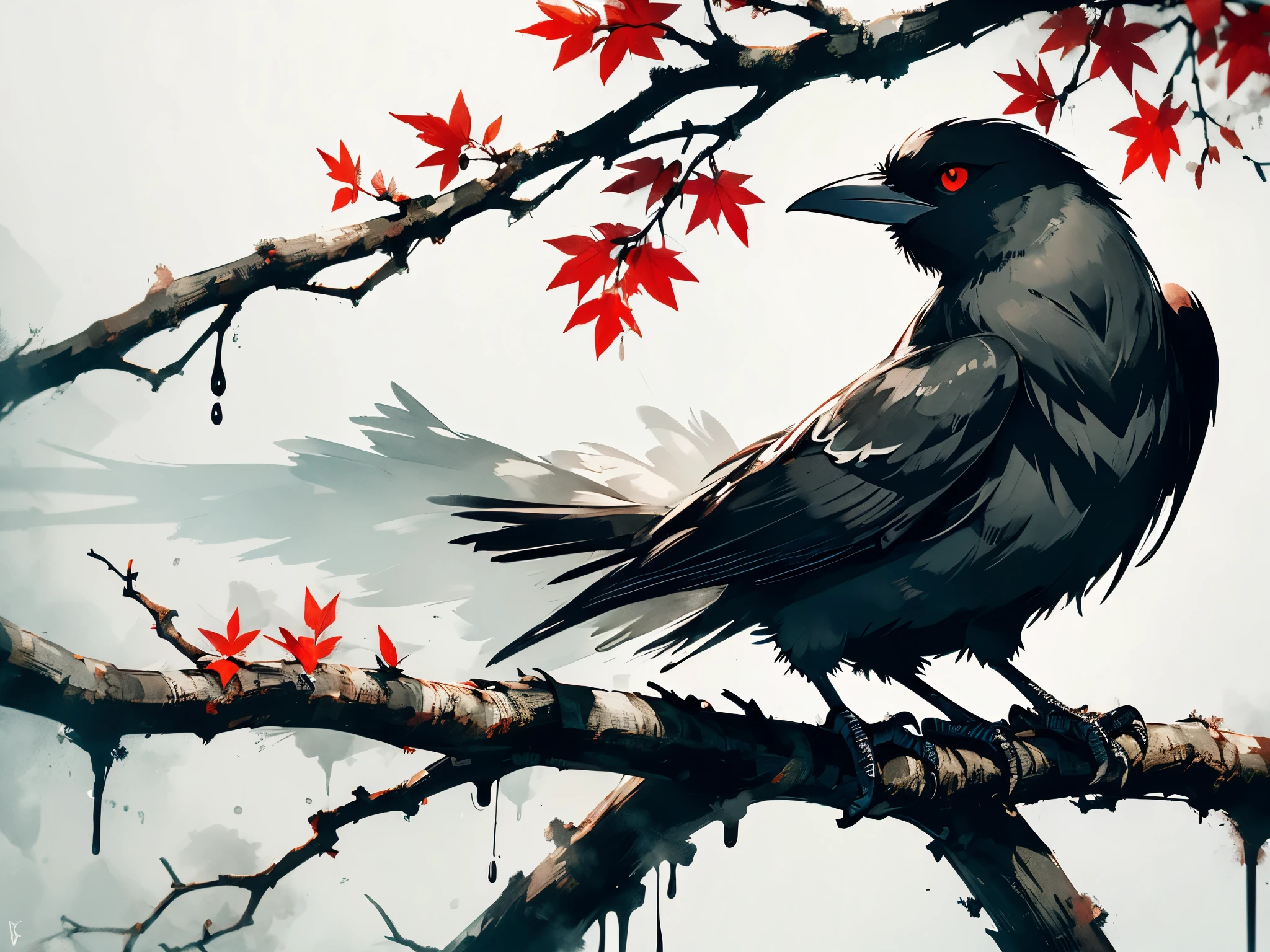 black ink, dripping, splatter, crow, sitting on branch, white background, red leaves, ((1 bird))