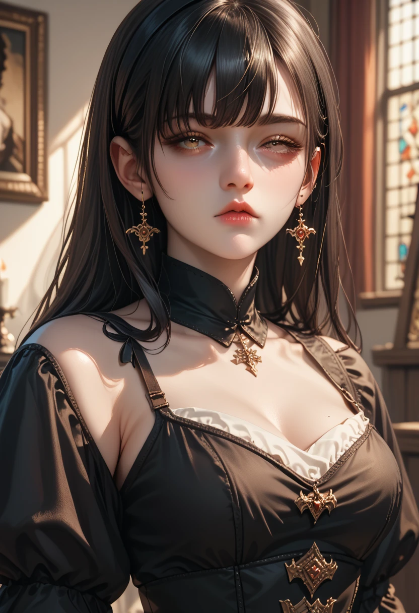 Medieval painting of vampire woman with shoulder length dark hair and bangs, with sleepy eyes and black dress 