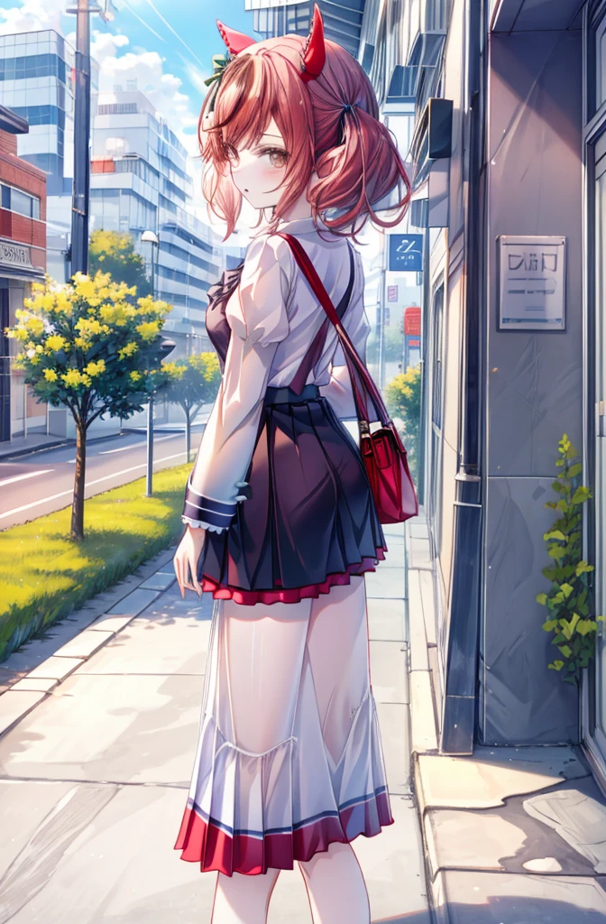 masterpiece, best quality, nice nature \(umamusume\), holding disposal cup, street, looking back, casual, ear covers, long sleeves, wide sleeves, white shirt, red shirt stuck in skirt, denim skirt, long skirt,handbag, shoulder bag,