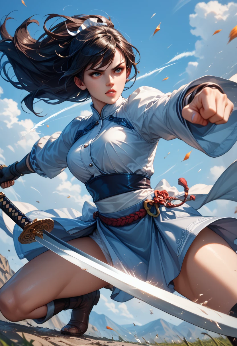 woman fighting, strong,  wearing a sword , warrior, hair in the wind,  big boobs