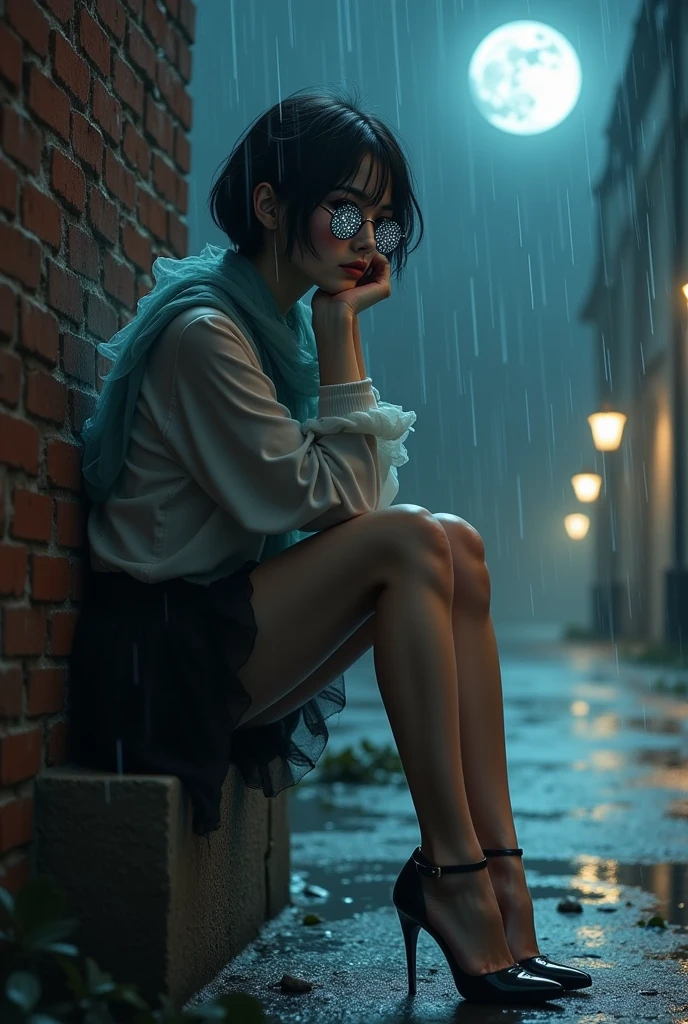 A photorealistic girl with a mesmerizing gaze, sitting on a weathered old brick wall, with folded arms on the chin, battered by a torrential windstorm and heavy rain, adorned with a flowing tulle scarf, showcasing flawless legs and heels, dressed in a long-sleeved shirt and an uplifted mini skirt, with short, raven-black hair, set against a dark city sidewalk, with dimmed lights, mist, and dripping water, under the ominous glow of a full dark moon, her eyes locked intensely on the sky. earing glass sunglasses with stars and the moon on the glass