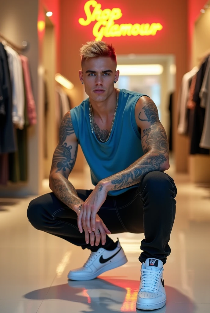 1boy, Dive bar, neon signs, dirty, grungy, handsome chav skinhead, tattoos, shirtless, track pants, sneakers, HDR, sitting on stool, atmospheric, dark, looking at viewer, intricate detail, GS-Boyish