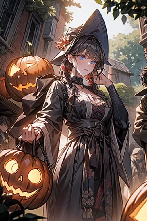 yukinoshita yukino, black hair, long hair, hair flowing over, curvy, ((anatomically correct:1.3)), heavy breathing, huge breasts, epic art, fantasy, 1girl, jack-o'-lantern, halloween, hat, solo, witch_hat, lantern, pumpkin, breasts, witch, cleavage_cutout, medium_breasts, cleavage, lollipop, happy_halloween, dress, flower, tree, looking_at_viewer, belt, large_breasts, candy, long_sleeves, jewelry, standing, candle, glow effects, godrays, Hand drawn, render, 8k, octane render, cinema 4d, blender, dark, atmospheric 4k ultra detailed, cinematic, Sharp focus, big depth of field, Masterpiece, colors, 3d octane render, 4k, concept art, trending on artstation, hyperrealistic, Vivid colors, extremely detailed CG unity 8k wallpaper, trending on CGSociety, Intricate, High Detail, dramatic, anime coloring, anime screencap, steaming body, fog, heavy breathing, (shaded face:1.2), hollow eyes, facing viewer, smirk, upper teeth, grey eyes, blush, sweating, wet, looking at viewer, glowing eyes,