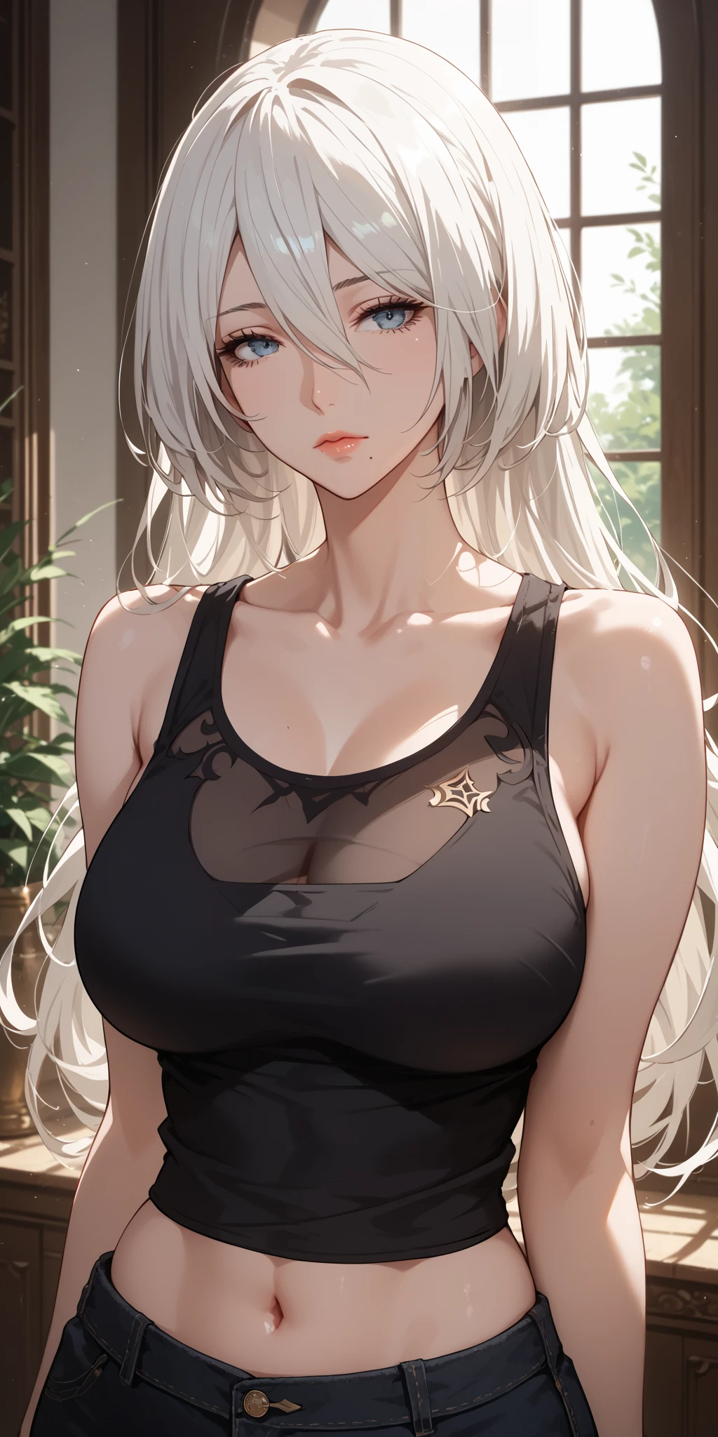 Score_9, Score_8_up, Score_7_up, Source_anime, anime art, anime style, very aesthetic, masterpiece, high quality, 1girl, cool character, mature woman, milf, curvaceous, mole under mouth, black tank top, navel, white hair, long hair, hair between eyes, expressionless, 2b, yorha no. 2 type b, home, soft light, upper body, perfecteyes