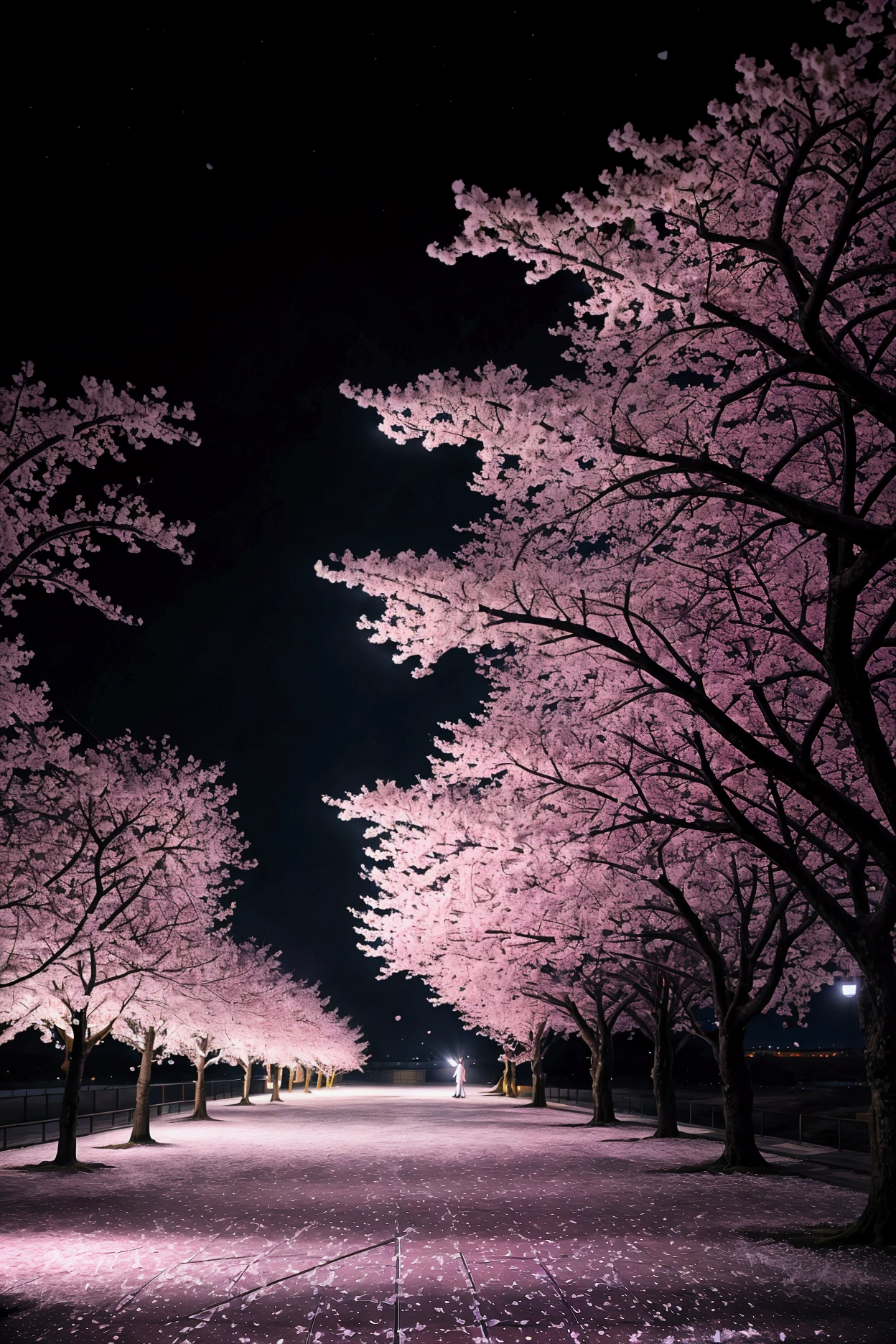 dramatic nighttime scene, thousand sakura petals scattering, 1man and 1woman, dancing in the moonlight, traditional Japanese attire with modern touches, glowing steel cage in the background, guillotine standing tall, ruanyi0007,dark and mysterious atmosphere, futuristic elements, vivid laser beams cutting through the air, ethereal and dynamic motion, intense and celebratory tone, cinematic composition,