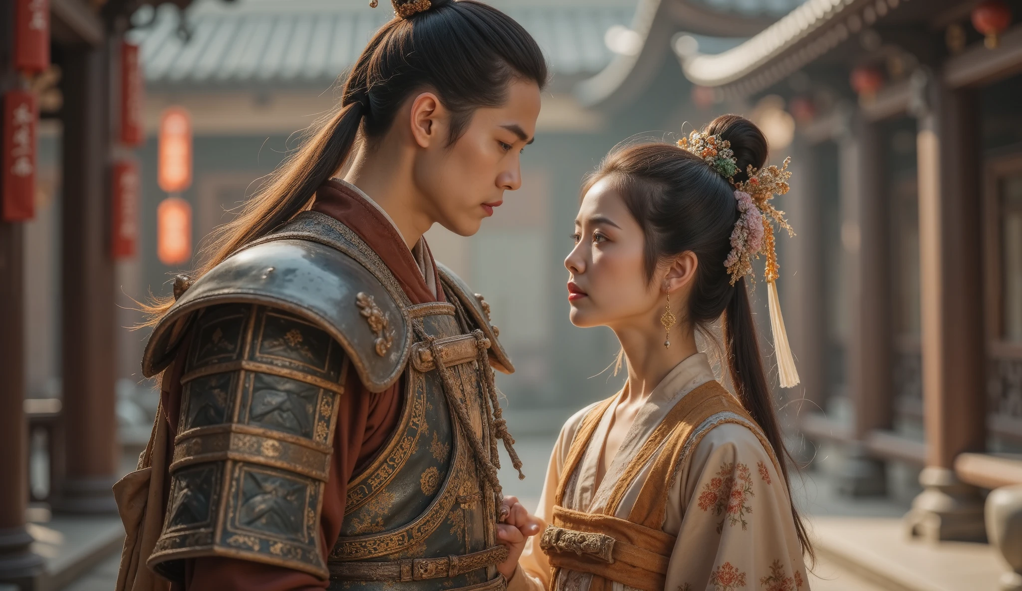 Tang Dynasty，Girl wearing Hanfu，男孩身披Tang Dynasty铠甲和(Leather Armor:1.1),， ready to go to the frontier ，Girl says goodbye with tears 。 can be shot with backlighting ，突出男孩Tang Dynasty铠甲的轮廓和女孩含泪的眼神。