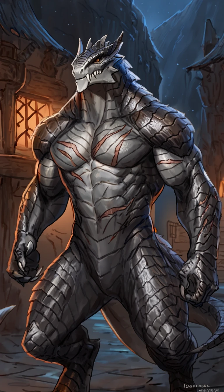 Muscular lizardfolk, solo, anthro lizard, detailed skin, strong, wearing demonic armor, metallic scales, scars on body, 1male solo, full bodysuit, anthro, muscular, big muscles, small waist, thick tail, marked jaw, armor on legs, full body, comicbook style, night time, ultra-detailed, best quality, 4k, ultra-detailed, by Buta99, by laobai, by taran fiddler, horror, pirate port scenery, night