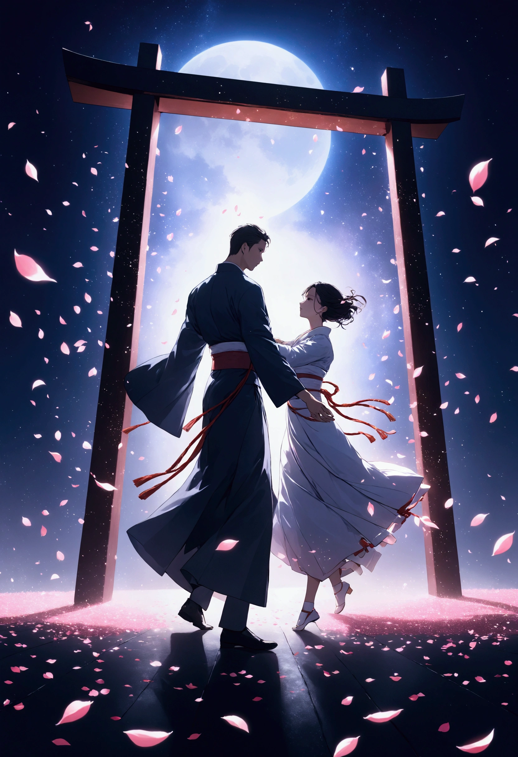 dramatic nighttime scene, thousand sakura petals scattering, 1man and 1woman, dancing in the moonlight, traditional Japanese attire with modern touches, glowing steel cage in the background, guillotine standing tall, dark and mysterious atmosphere, futuristic elements, vivid laser beams cutting through the air, ethereal and dynamic motion, intense and celebratory tone, cinematic composition,