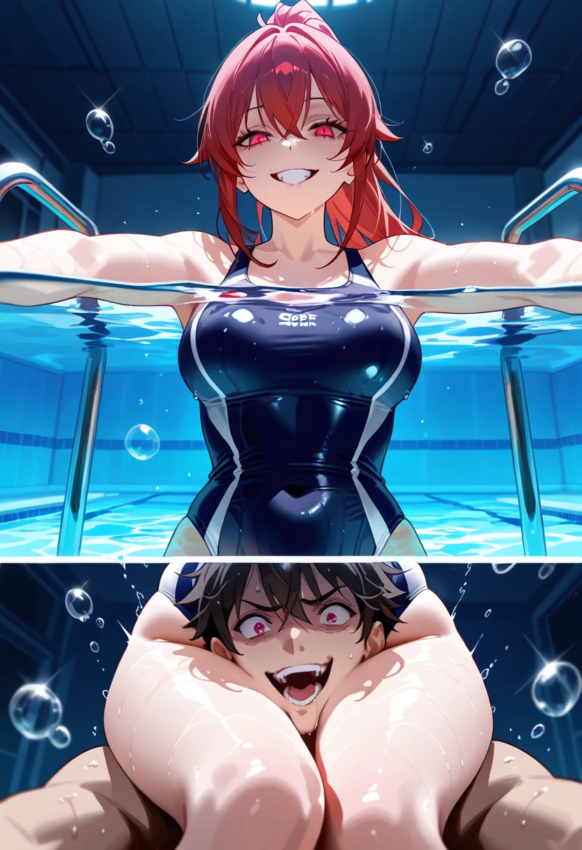 score_9, score_8_up, score_7_up, source_anime, scissorhold, leg lock,male head between thighs,kneeling, swimming ,looking down, 1girl, 1boy, yandere girl, girl on top of a man, girl,craziness, creepy smile, big smile, crazy smile, Evil smile ,large hair,ponytail, boy is scared,boy is screaming,boy is suffocating,one-piece swimsuit , pool,under water,bubbles,medium chest,medium breasts , dynamic pose,boy close up, Expressiveh,2-koma