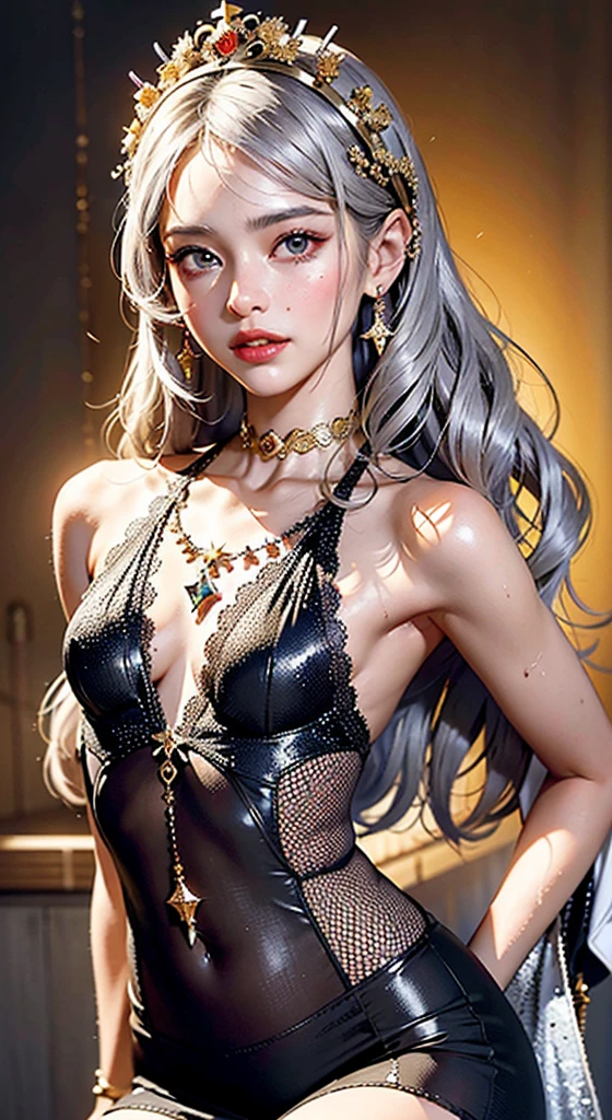 (masterpiece:1.0),(best quality:1.0),(realistic:1.0), (8k wallpaper:1.0), extremely delicate and beautiful, (beautiful detailed face:1.0),
1girl, big breasts, narrow waist,athletic body,fluid extremely long straight silver blonde hair, looking at viewer, , nsfw, tall, slim,
(perfect face:1.0), loving, seductive, (smile:0.4), dynamic pose, dynamic angle,
gold earrings, gold chain, open black leather jacket, leather pants,
shiny skin,
tokyo city, street, --auto --s2
