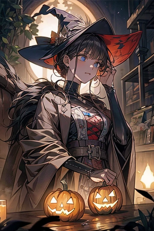 Masterpiece, absurdres, best quality, ferry_halloween, top hat, cape, halloween costume, miniskirt, night, forest, <lora:ferry:1>