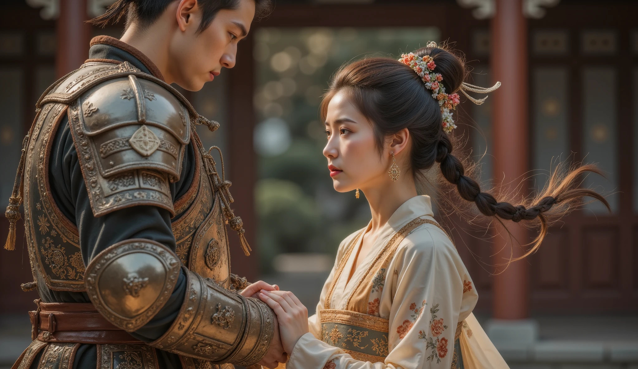 Tang Dynasty，Girl wearing Hanfu，男孩身披Tang Dynasty铠甲和(Leather Armor:1.1),， ready to go to the frontier ，Girl says goodbye with tears 。 can be shot with backlighting ，突出男孩Tang Dynasty铠甲的轮廓和女孩含泪的眼神。