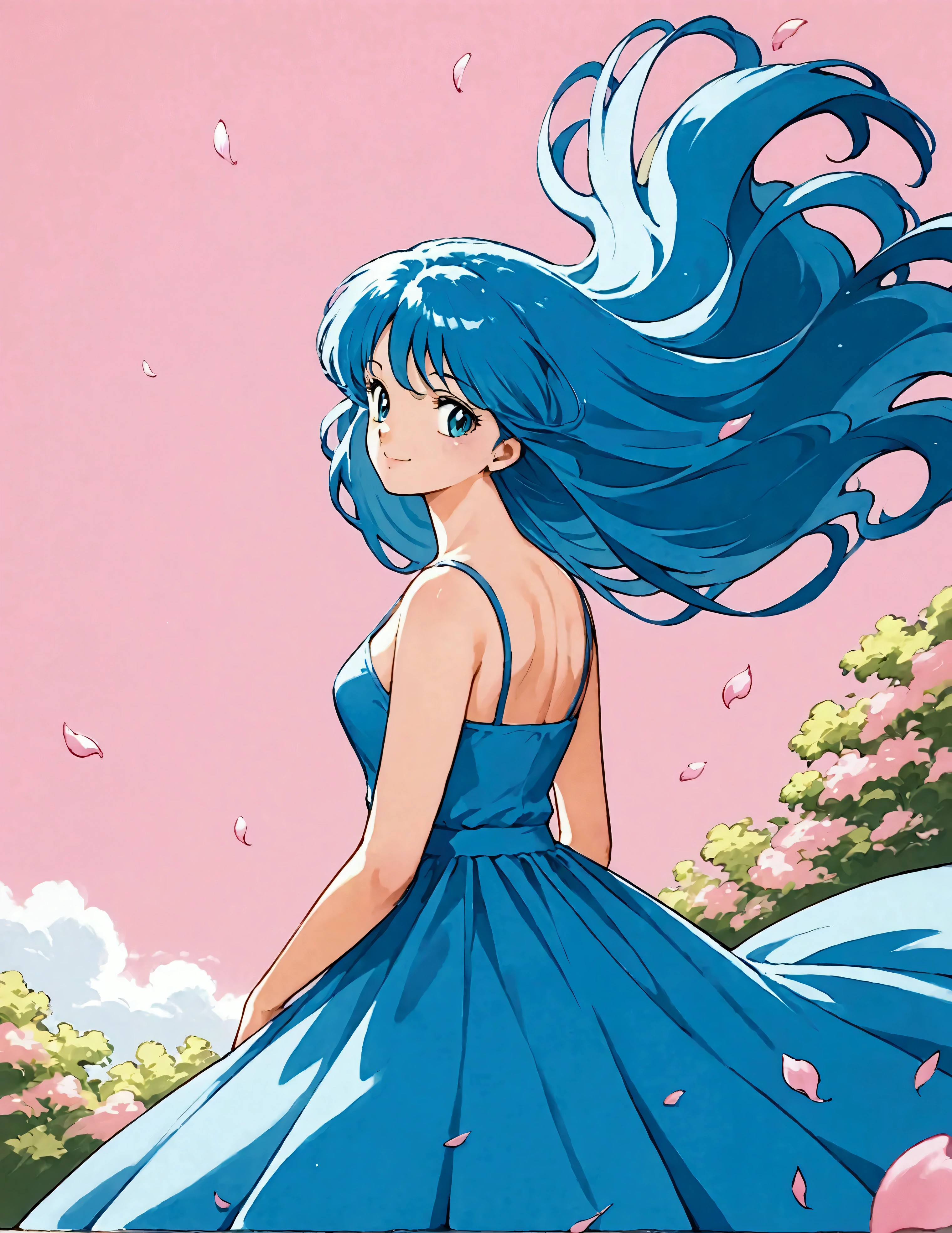  score_9,  score_8_up,  score_7_up, (masterpiece), ( best quality), ( super detailed), (Illustration),(1 female:1.6), Japanese,beautiful瞳, blue hair , casual outfit ,beautifulグラデーション,(Woman smiling),(The background is a myriad of pink petals dancing in the air),( back view),( women turn around here:1.2),( wind blows hair ),( depth of writing),(dynamic),(顔のup),(beautiful顔),(beautiful瞳),( Anime Artwork :1.2),( Flat Color ),80s anime style, dynamic angle , beautiful, pastel colors 