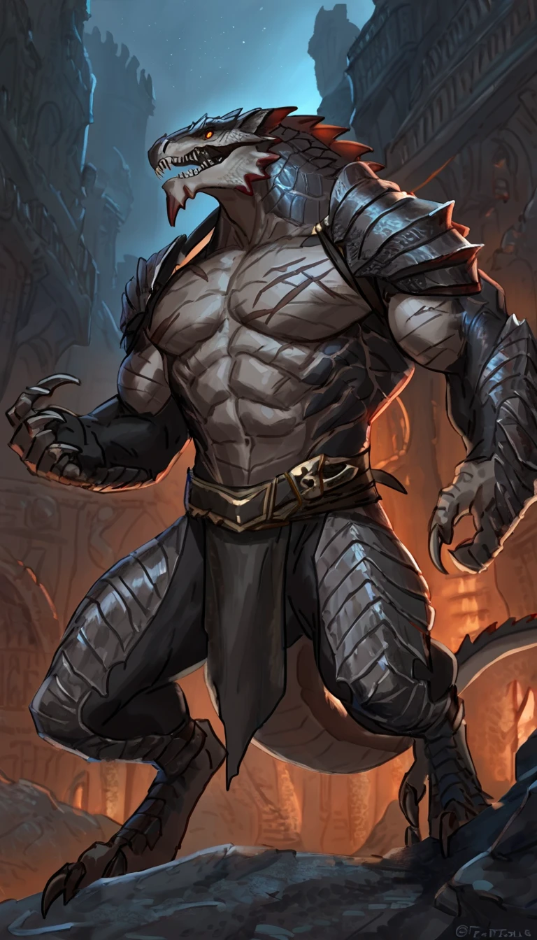 a ferocious male dragonborn, muscular detailed body, black color body, red eyes, eldrich monster, monstrous limbs, masculine pose, tall topless, loincloth, mechanical bodysuit on arms, comicbook style, best quality, 4k, ultra-detailed, realistic, by laobai, by taran fiddler, by honovy