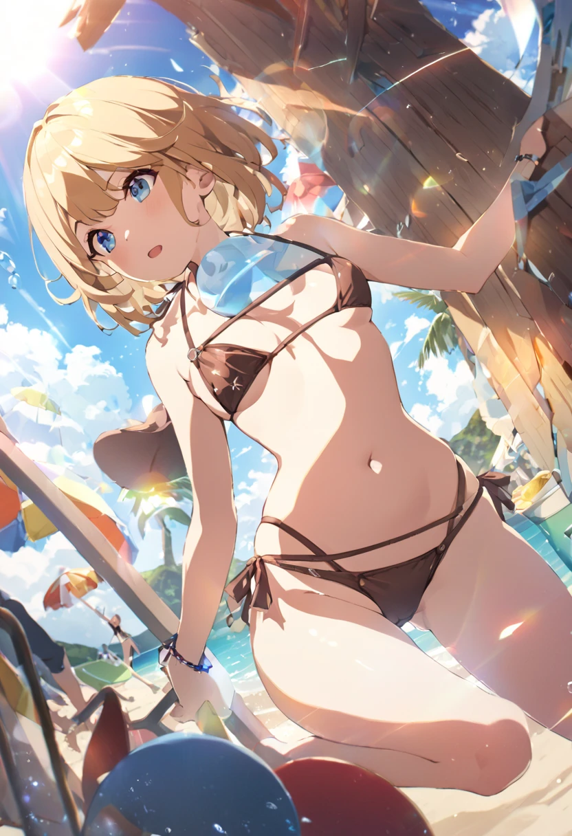 summer、Ocean、blue sky、beautiful girl、bikini、sexy、Low angle、Short Hair、Blonde、Small breasts