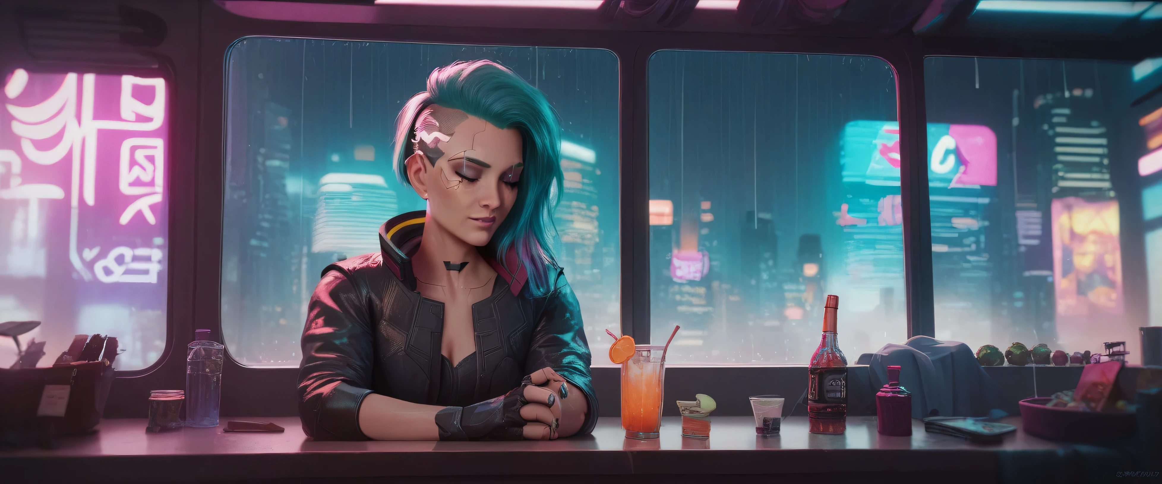 A young pirate woman drinking wine in a Cyberpunk bsr 