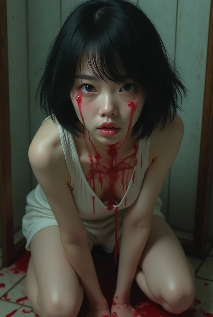 nsfw, vagina, (((One pretty woman、、Ahegao、Completely naked、Crouching、Short pigtails、Small breasts、Flat Chest、Spreading her legs、Nosebleeding、Blood from the mouth、Blood flowing from the neck、Decapitated、Behead、Wide-open eyes、Neck cross section、Severed Head、Headless、Inside the pussy)))、Outdoor Roads